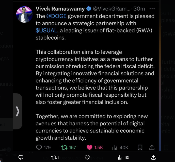 Vivek Ramaswamy, co-leader of the US government's D.O.G.E. X account, hacked to promote a stablecoin