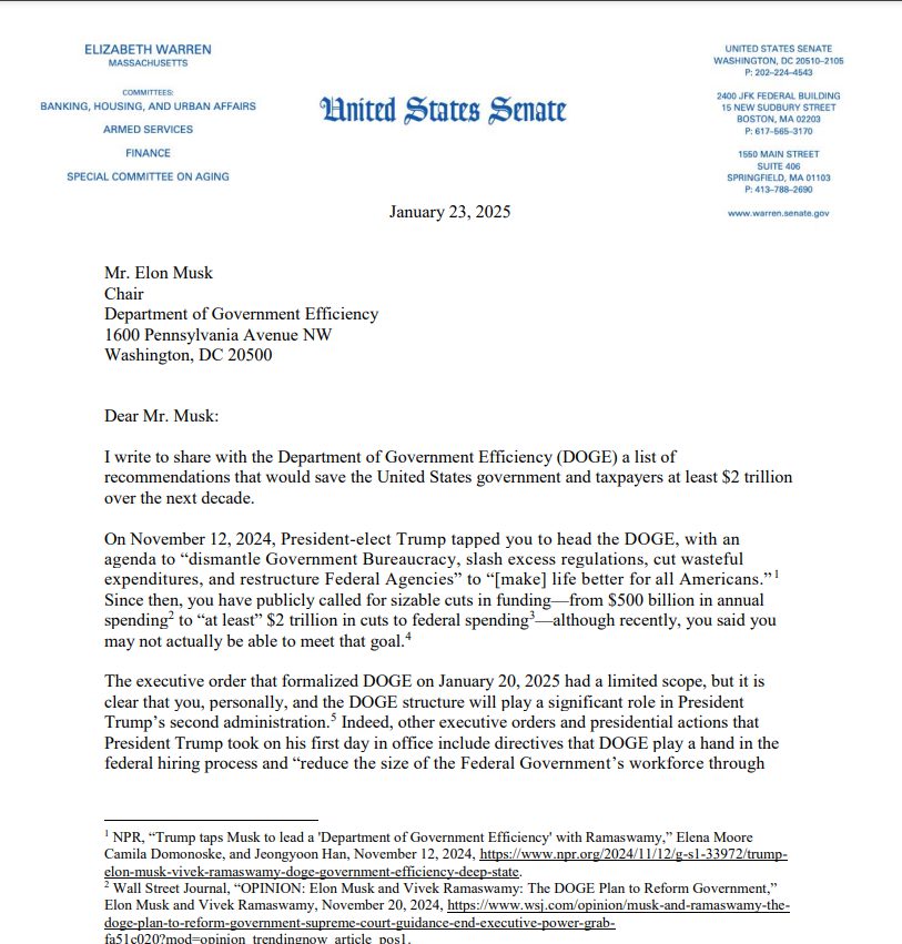 Warren's official letter to Elon Musk regarding DOGE
