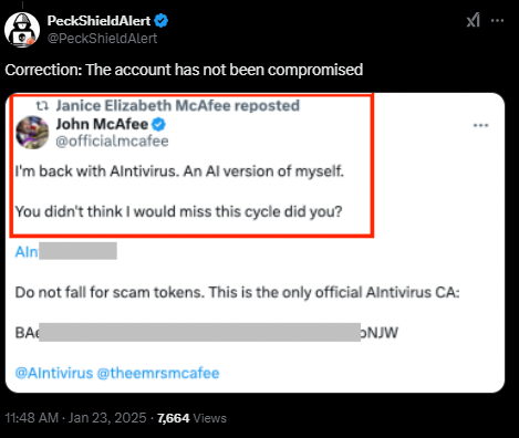 派盾:John McAfee的X账号未被盗用,Alntivirus代币与其AI化身有关