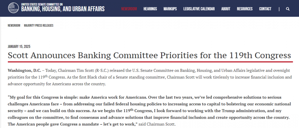 Scott Banking Committee Priorities