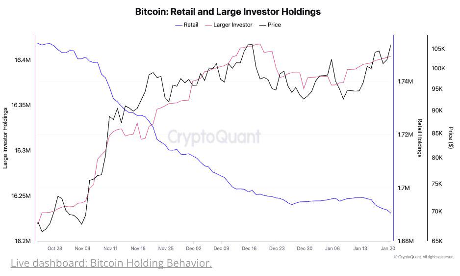 CryptoQuant:自美国大选以来,大型投资者比特币持有量从1620万枚增至1640万枚BTC