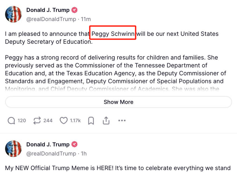 特朗普宣布“Peggy Schwinn为下一任教育部副部长”,其Penny Schwinn名字输写错误