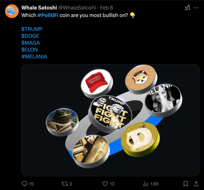 Whale Satoshi post on X about PolitiFi coins.