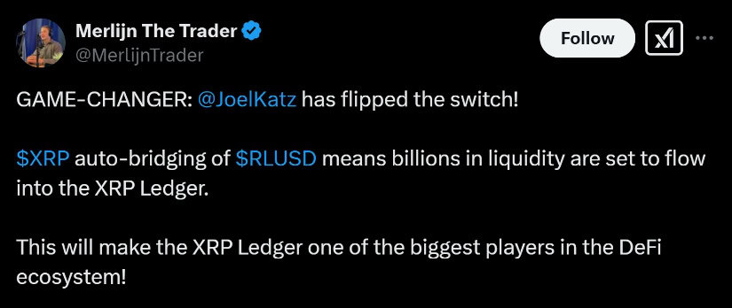 XRP auto-bridging RLUSD unlocks billions in liquidity, positioning the XRP Ledger as a major DeFi powerhouse.