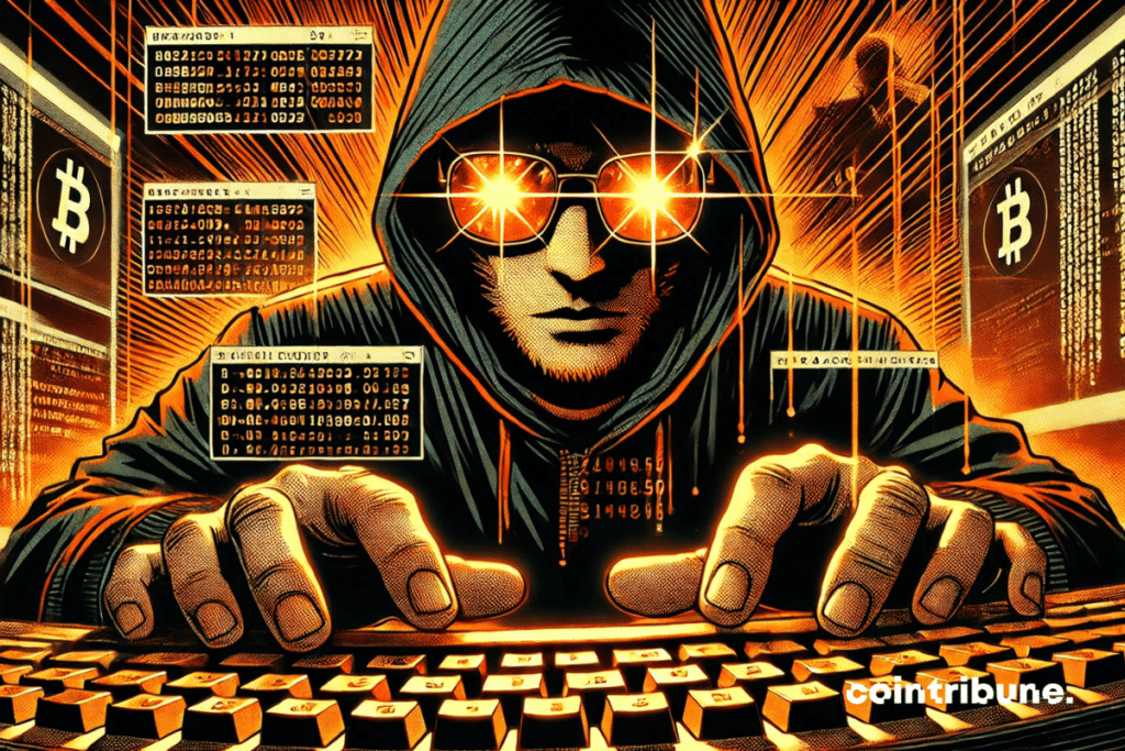 Un hacker en pleine action, plongé dans l’ombre, avec un écran lumineux affichant une énorme transaction crypto