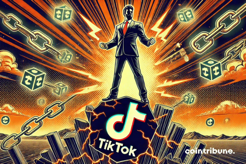 Un poderoso hombre de negocios domina un logotipo agrietado de TikTok, con s&iacute;mbolos de blockchain invadiendo el fondo en un dram&aacute;tico destello