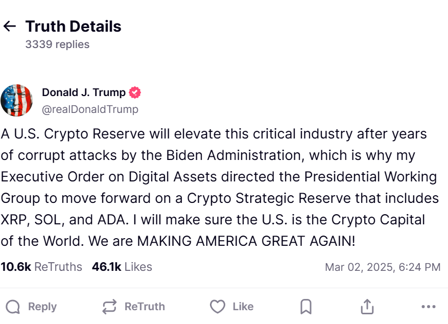 Trump pushes for U.S. Crypto Reserve with XRP, SOL, ADA. Source: TruthSocial