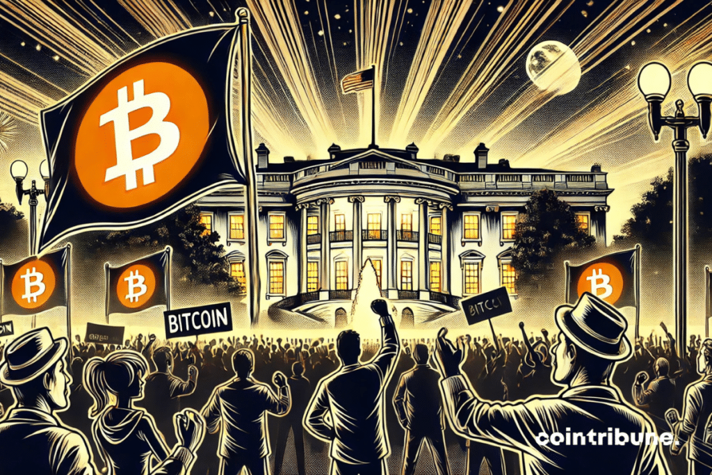 A crowd of protesters hold signs with the Bitcoin logo in front of the White House gates.