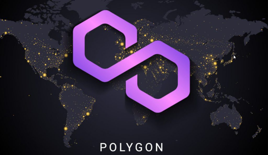 Polygon (MATIC) logo in purple displayed over a dark world map with glowing network nodes showing global distribution