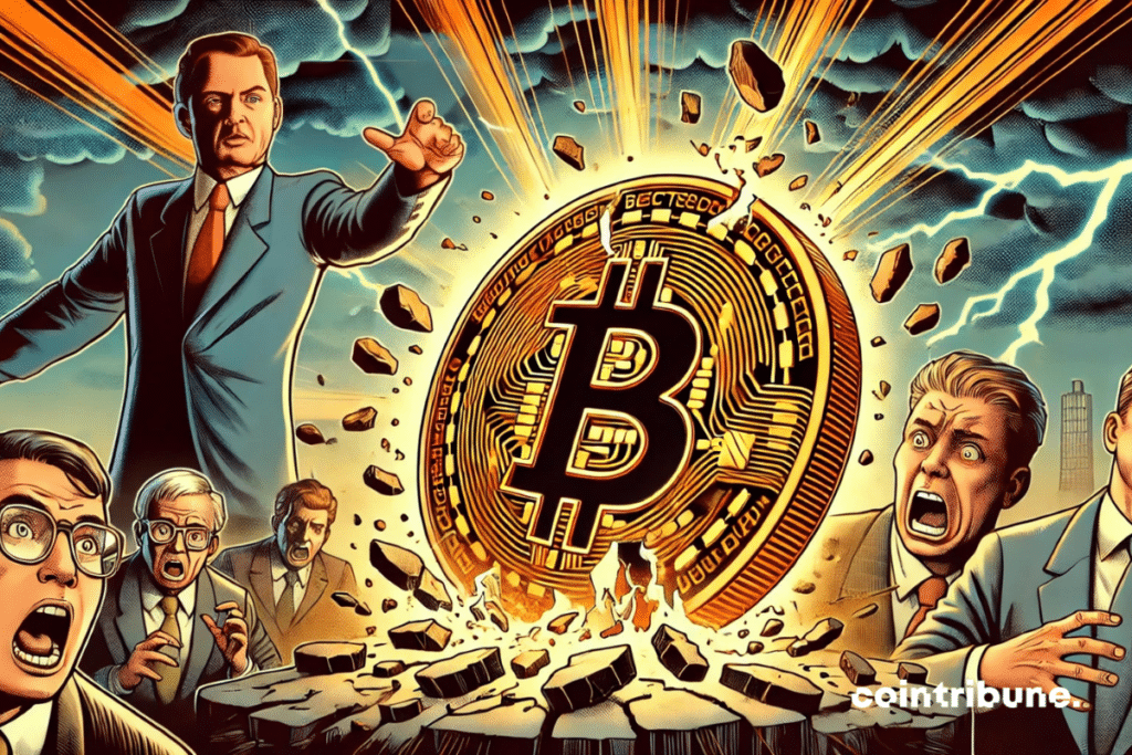Larry Fink annon&ccedil;ant la chute in&eacute;vitable du bitcoin, repr&eacute;sent&eacute; par une pi&egrave;ce sur le point de se briser