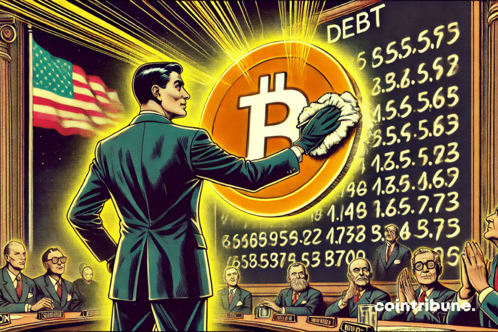 In this ’70s comic-book-style illustration, a dark-suited politician, reminiscent of an American president, determinedly erases a gigantic blackboard covered in figures representing the national debt. Behind him, a huge Bitcoin coin glows intensely, gradually revealed beneath the erased chalk. In the background, silhouettes of skeptical politicians watch the scene warily, while the American flag flies discreetly. The sharp contrast between the bright orange of the Bitcoin and the surrounding darkness accentuates the symbolism of the financial change underway.