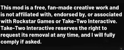 Screenshot showing Dark Space’s Project Vice mod disclaimer