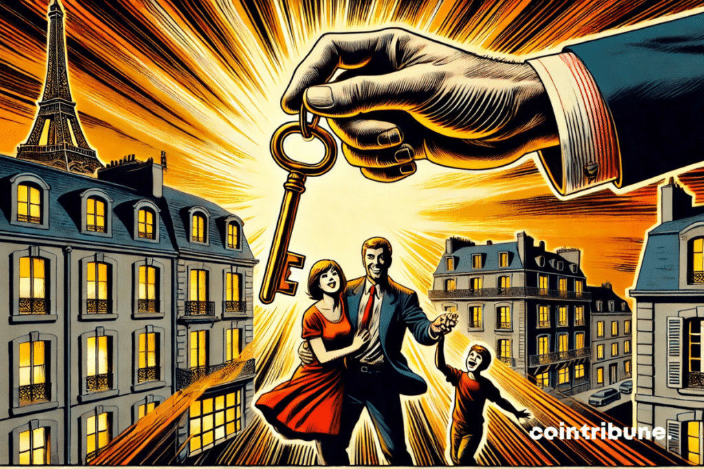 The Pr&ecirc;t &agrave; Taux Z&eacute;ro key handed to a family in a French real estate setting.
