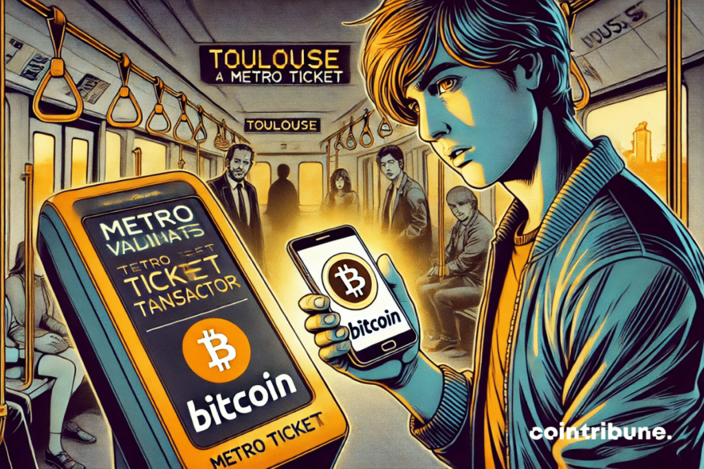 A user paying with his smartphone in front of a ticket validator, highlighting crypto in Toulouse’s transport system.