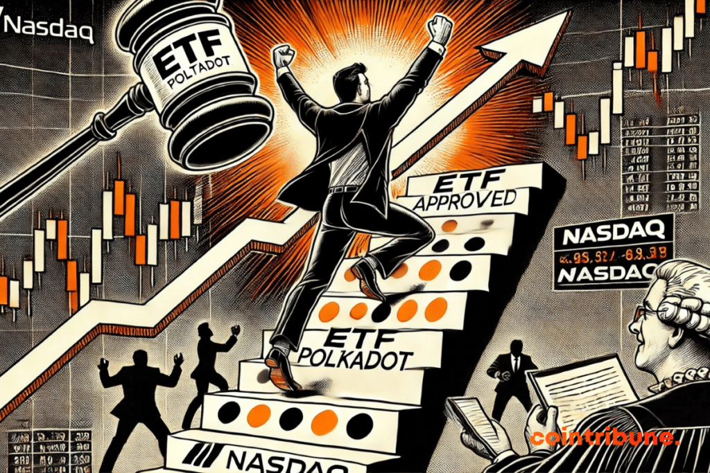Un trader gravissant un escalier en forme de graphique haussier, atteignant le sommet où l’attend l’approbation symbolique de l’ETF crypto Polkadot