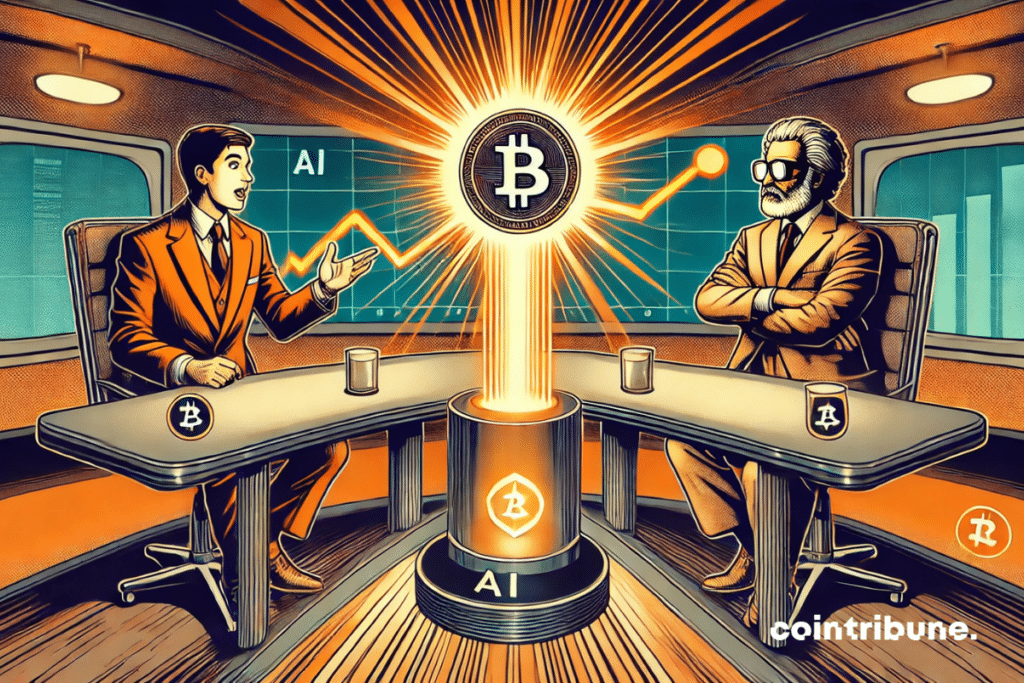 Deux experts crypto d&eacute;battent f&eacute;rocement autour d&rsquo;un token lumineux dans un studio r&eacute;tro