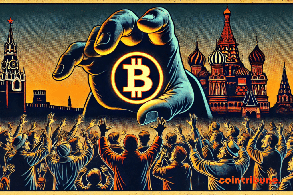 Cette illustration de style bande dessinée des années 70 représente une immense main surgissant de l’ombre et s’emparant d’un Bitcoin lumineux, tandis qu’une foule en contrebas tend les bras vers la cryptomonnaie. En arrière-plan, on distingue les emblématiques tours de Moscou, notamment la cathédrale Saint-Basile et le Kremlin, renforçant un contexte russe. La palette de couleurs dominée par l’orange, le noir et le blanc accentue le contraste dramatique de la scène, suggérant un enjeu de contrôle et de pouvoir autour du Bitcoin en Russie.