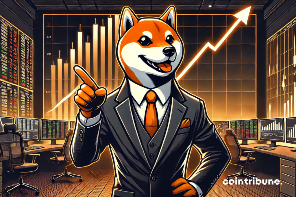 Illustration d’un Shiba Inu visionnaire en costume, pointant un graphique crypto.
