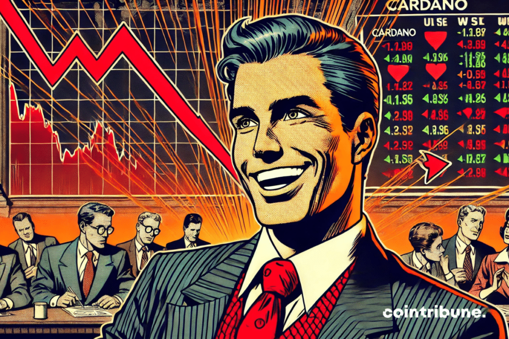 A confident investor smiles at a screen displaying Cardano’s downfall, while chaos reigns around him.