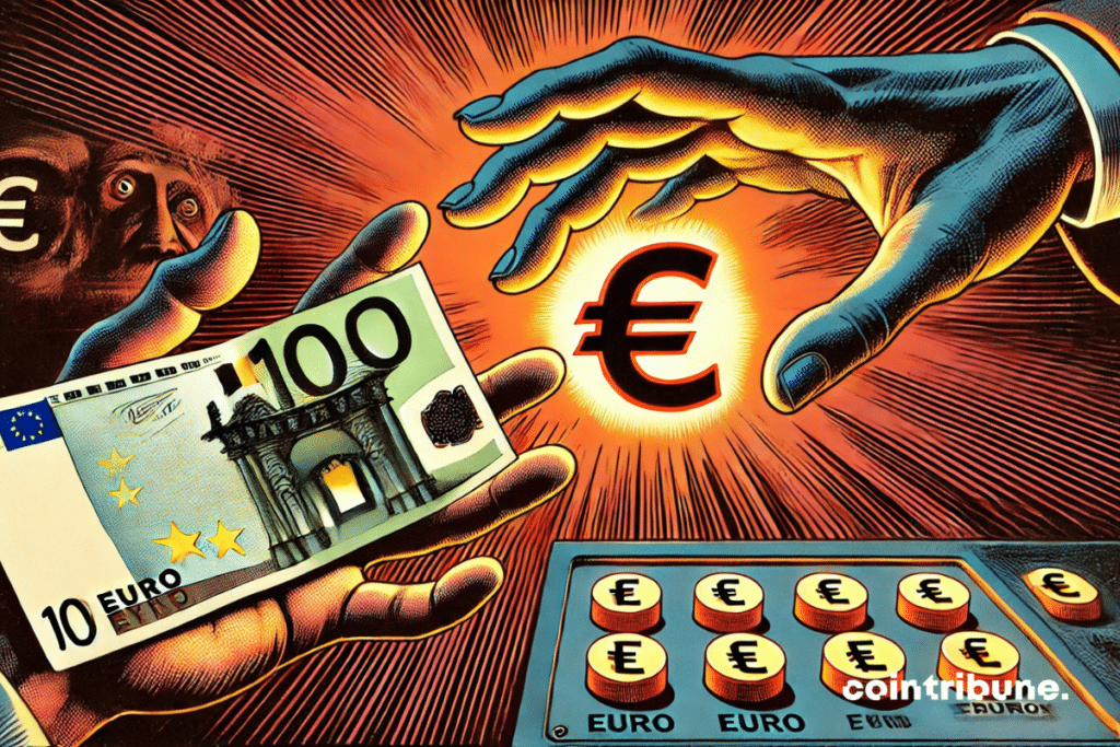 Une table de bureau moderne avec un &eacute;cran affichant un &eacute;norme &laquo; &euro; &raquo; digitalis&eacute;. Une main h&eacute;sitante tenant un billet de banque, tandis que l&rsquo;autre main touche un &eacute;cran montrant l&rsquo;euro num&eacute;rique