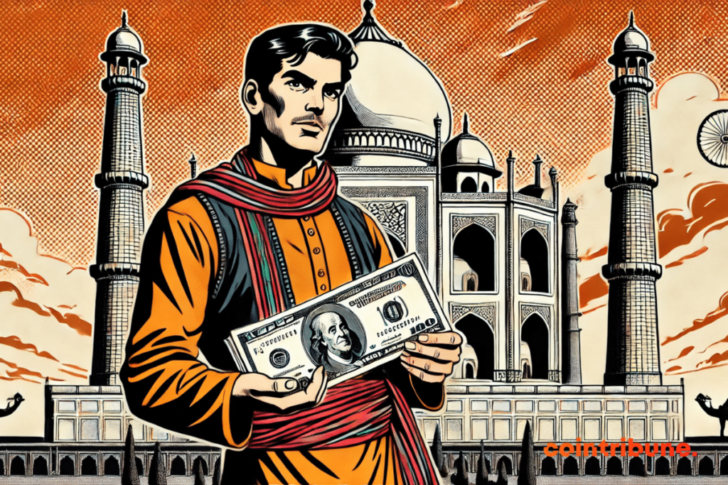 Un personnage en tenue traditionnelle de l’Inde se tient devant le Taj Mahal, tenant un billet de dollar avec une expression réfléchie.