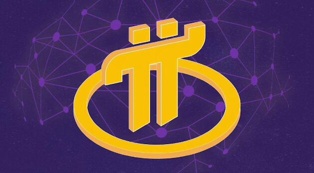 Pi Network logo in gold color on purple network background