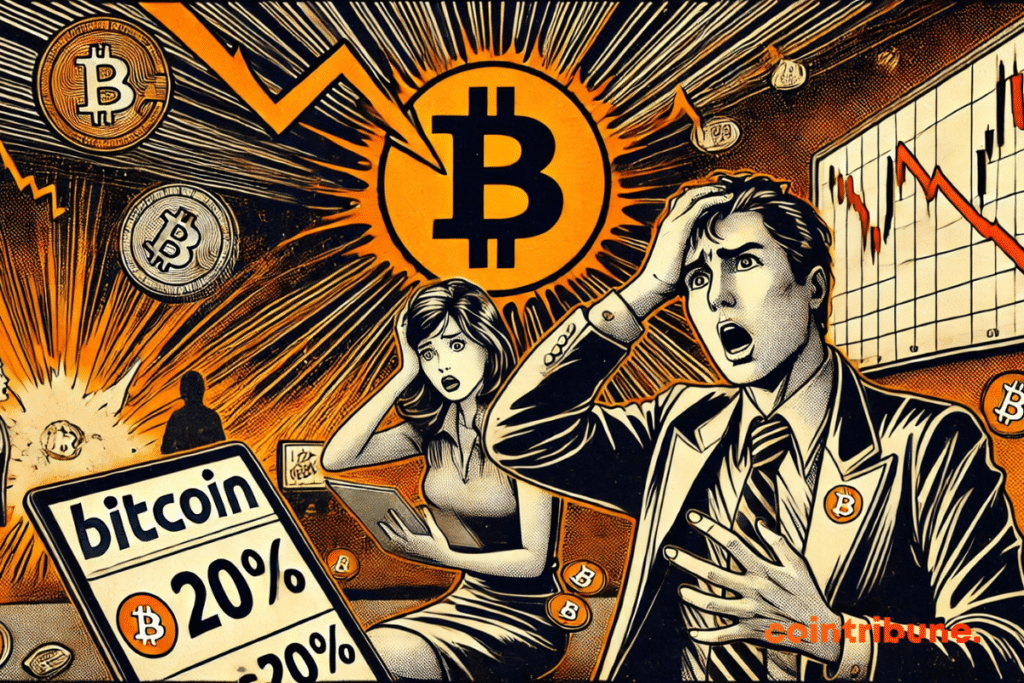 La chute brutale du Bitcoin, avec deux observateurs fig&eacute;s par l&rsquo;angoisse.