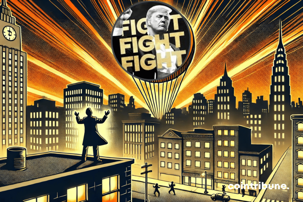 Une pi&egrave;ce crypto &agrave; l’image de Trump s&rsquo;&eacute;l&egrave;ve dans le ciel nocturne, sous les regards fascin&eacute;s.