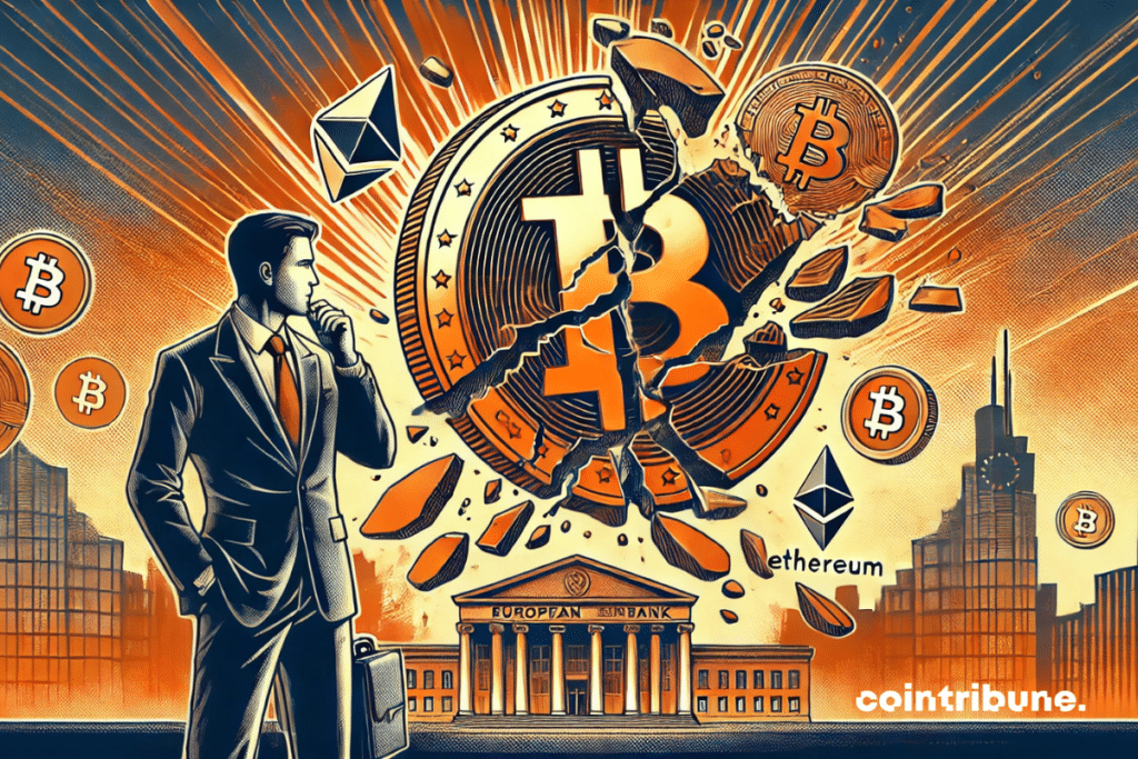 Un trader crypto inquiet et un bitcoin fracass&eacute;.