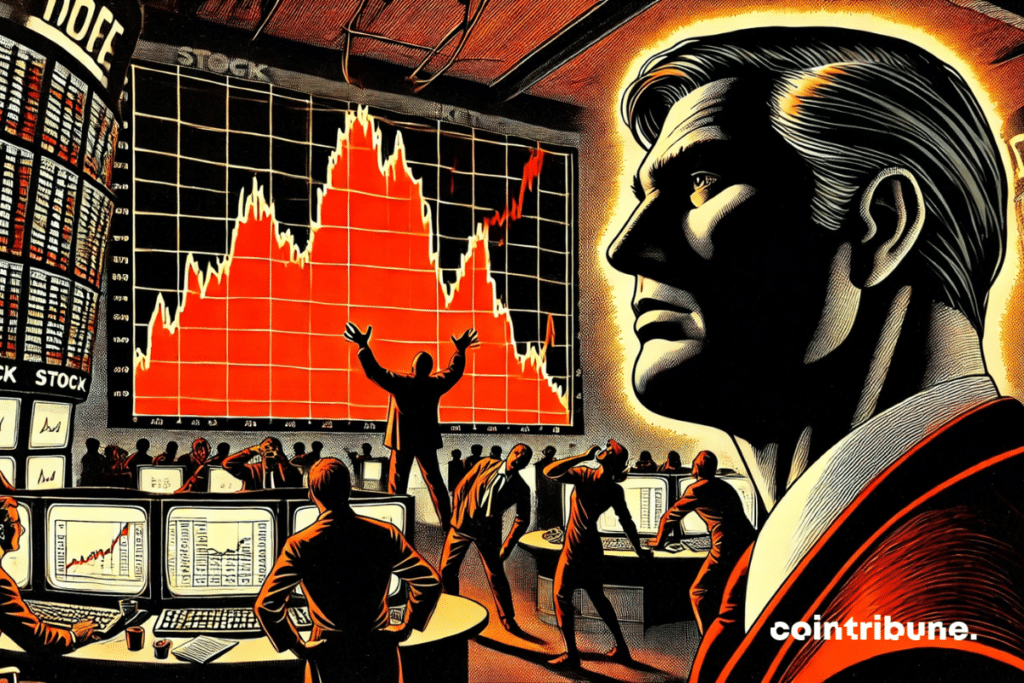 Illustration  d’une silhouette observant avec satisfaction une courbe rouge d&eacute;gringolant, tandis que de petits traders bitcoin paniqu&eacute;s tentent de l&rsquo;attraper