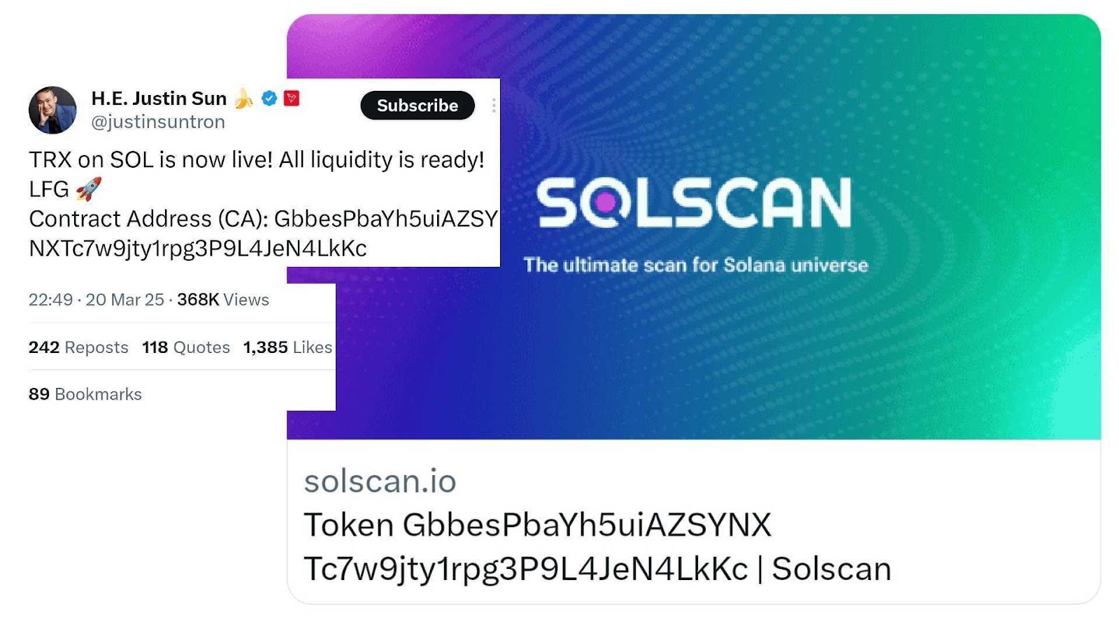 Justin Sun announces on X that TRX is now live on Solana, with full liquidity ready