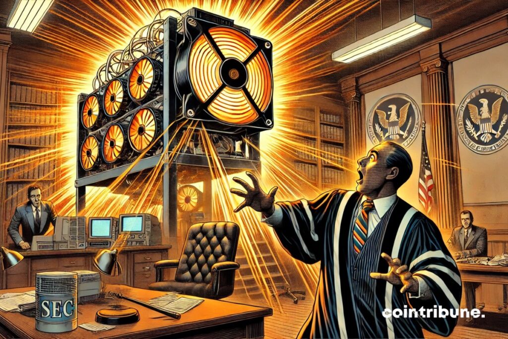 Un r&eacute;gulateur de la SEC qui est &eacute;bahi devant une machine de minage crypto