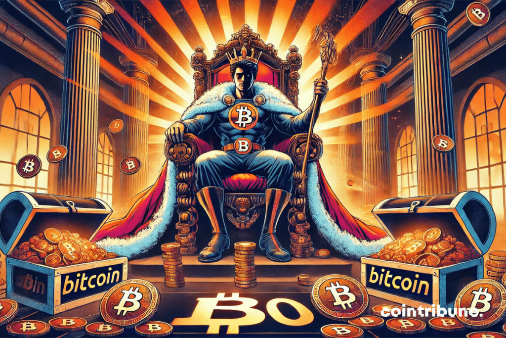 King bitcoin sits on his throne surrounded by treasures