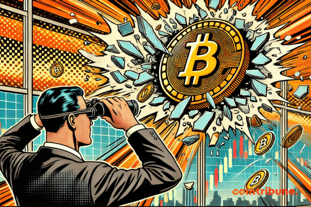 Le Bitcoin brisant son plafond historique ! Le jeton fracasse un mur de verre symbolisant l’ATH, sous le regard d’un analyste en admiration.