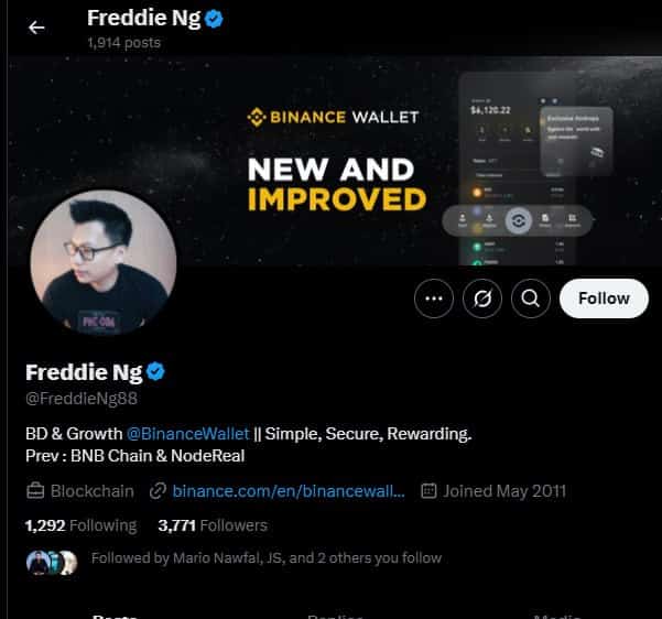 Profile on X of the suspect, a certain Freddie Ng, who just joined Binance Wallet a month ago after working on BNB Chain.