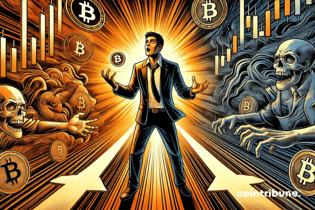 Un trader paniqu&eacute; face aux risques et opportunit&eacute;s du march&eacute; crypto