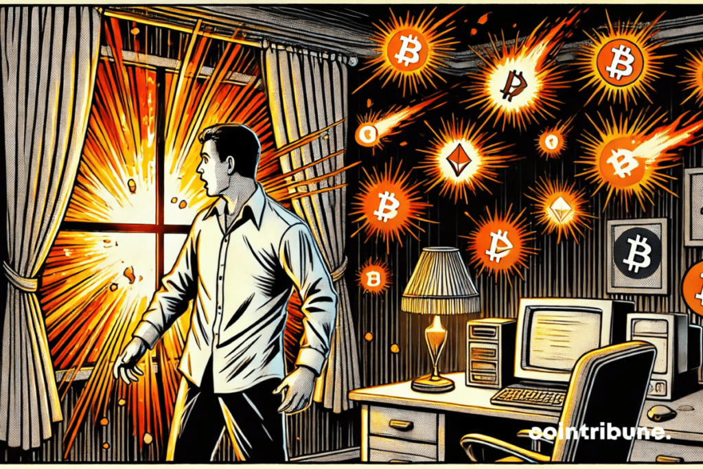 The Altcoin Window: a crypto trader frozen in surprise, bathed in bright orange light, as he discovers the silent altcoin boom.