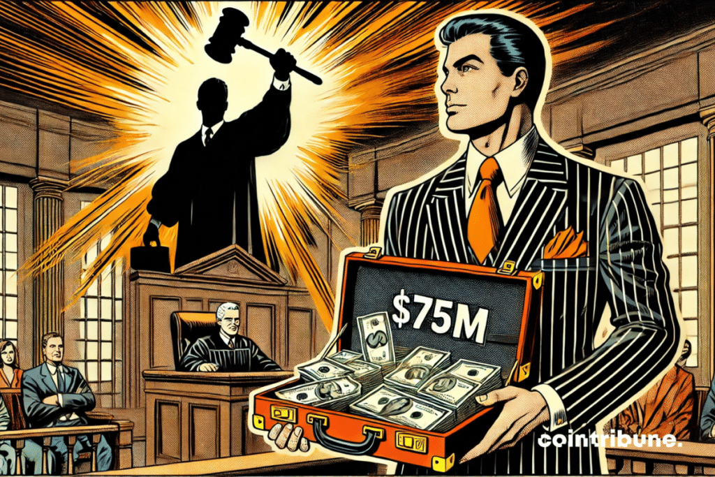 A Ripple representative (elegant silhouette, suit) holding an open briefcase filled with banknotes or a digital wallet displaying &ldquo;75M&rdquo;.