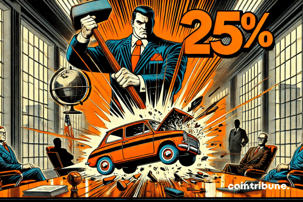 A hammer smashing a car with a brutal impact on the global economy