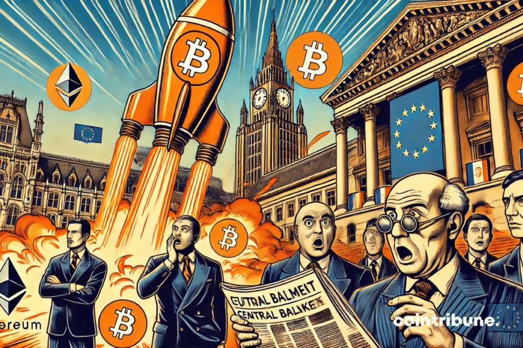 Une gigantesque fusée stylisée, aux symboles crypto, Bitcoin et Ethereum, décolle à toute vitesse. À gauche, un groupe de banquiers en costume, choqués ou indifférents, restent figés devant un bâtiment classique européen