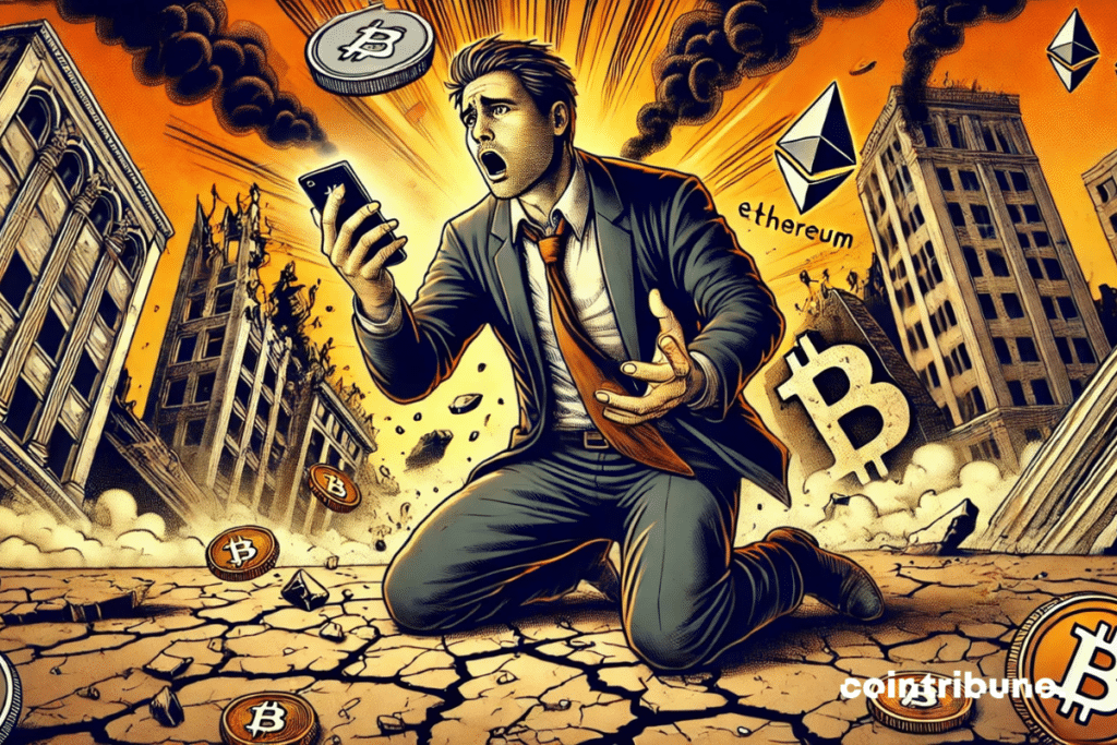 Un trader dévasté devant une ville en ruine, incarnant l’effondrement brutal de Bitcoin et Ethereum