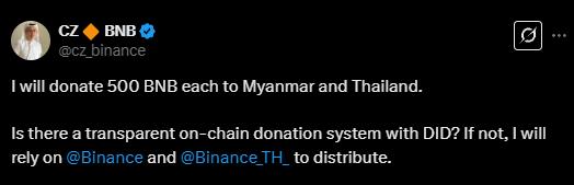 A imagem mostra um post do fundador da Binance, Changpeng Zhao (CZ), em sua conta no X (antigo Twitter). Na publicação, CZ anuncia que doará 500 BNB (token da Binance) para Myanmar e Tailândia, países atingidos por um terremoto. Ele questiona se existe um sistema transparente de doação on-chain usando DID (Identificação Descentralizada) e menciona que, caso não haja, recorrerá à @Binance e @Binance_TH_ para distribuir os recursos. O texto está em inglês, com o nome de usuário ’@cz.binance’ visível no topo.