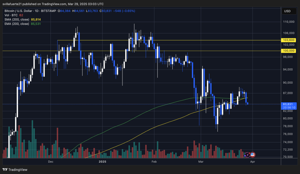 BTC struggling to reclaim the 200-day MA and EMA | Source: BTCUSDT chart on TradingView