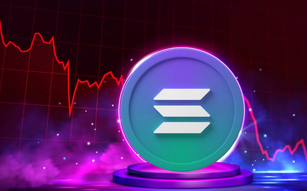 SOL cryptocurrency logo displayed on a glowing pedestal against a dramatic background with a steep red downtrend chart, illustrating the blockchain’s revenue collapse and price decline