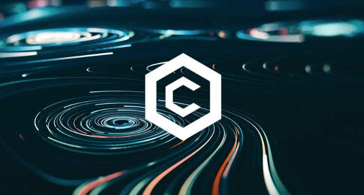 Stylized Cronos (CRO) logo with digital circular light trails