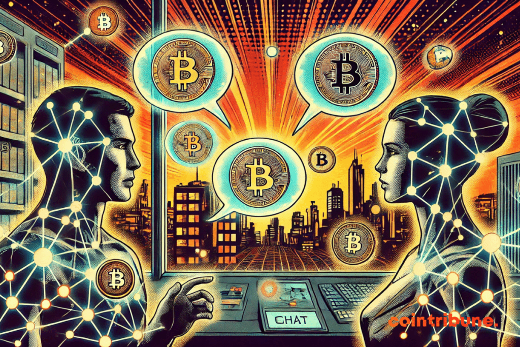 Dos avatares futuristas intercambian criptomonedas mediante mensajería holográfica en un universo Web3.