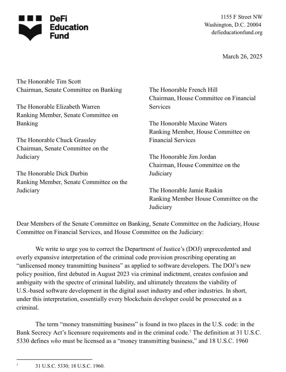 DOJ&rsquo;s stance on unlicensed money transmission draws backlash from crypto industry.