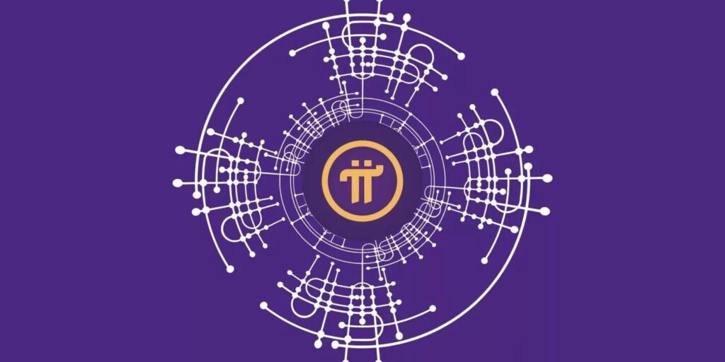 Pi Network logo with network connectivity visualization on purple background
