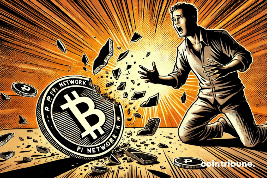 Un comerciante atónito observa una criptomoneda Pi Network rota en el suelo.