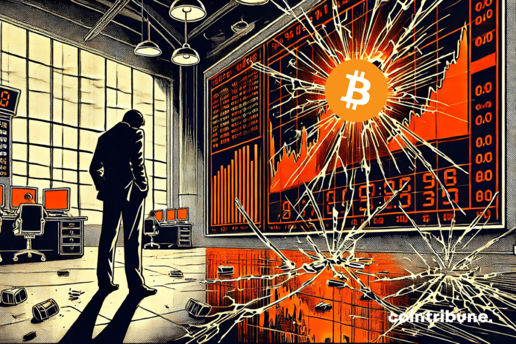 Un operador de Bitcoin visto de espaldas frente a una gigantesca pantalla agrietada, donde el número «10» roto simboliza el final de la serie de entradas positivas.